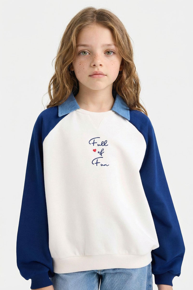DeFacto Blue Girl Girl Slogan Printed Polo Collar Sweatshirt Casual - Image 3